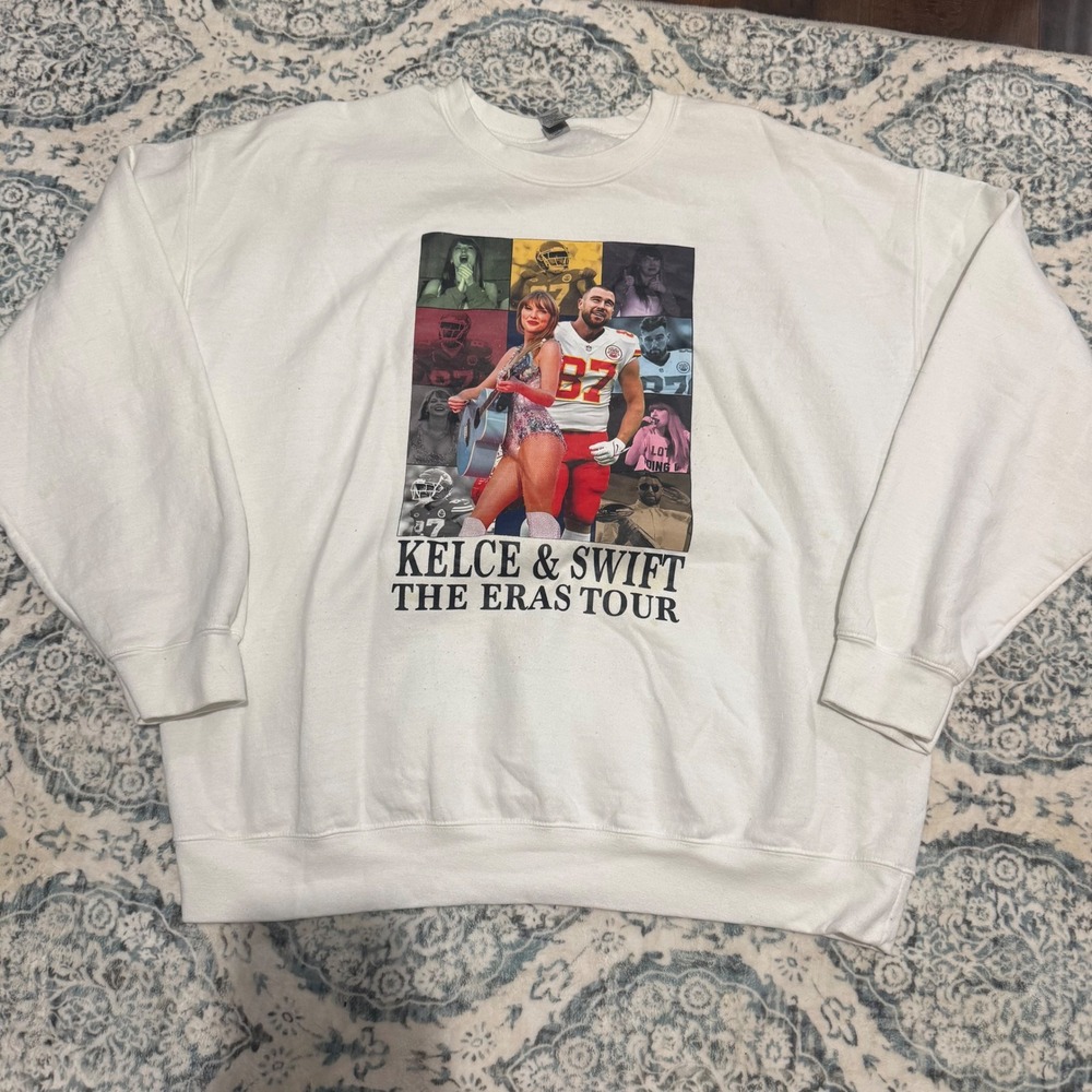 Taylor Swift & Travis Kelce White Sweatshirt Size XL THE ERAS‎ TOUR"